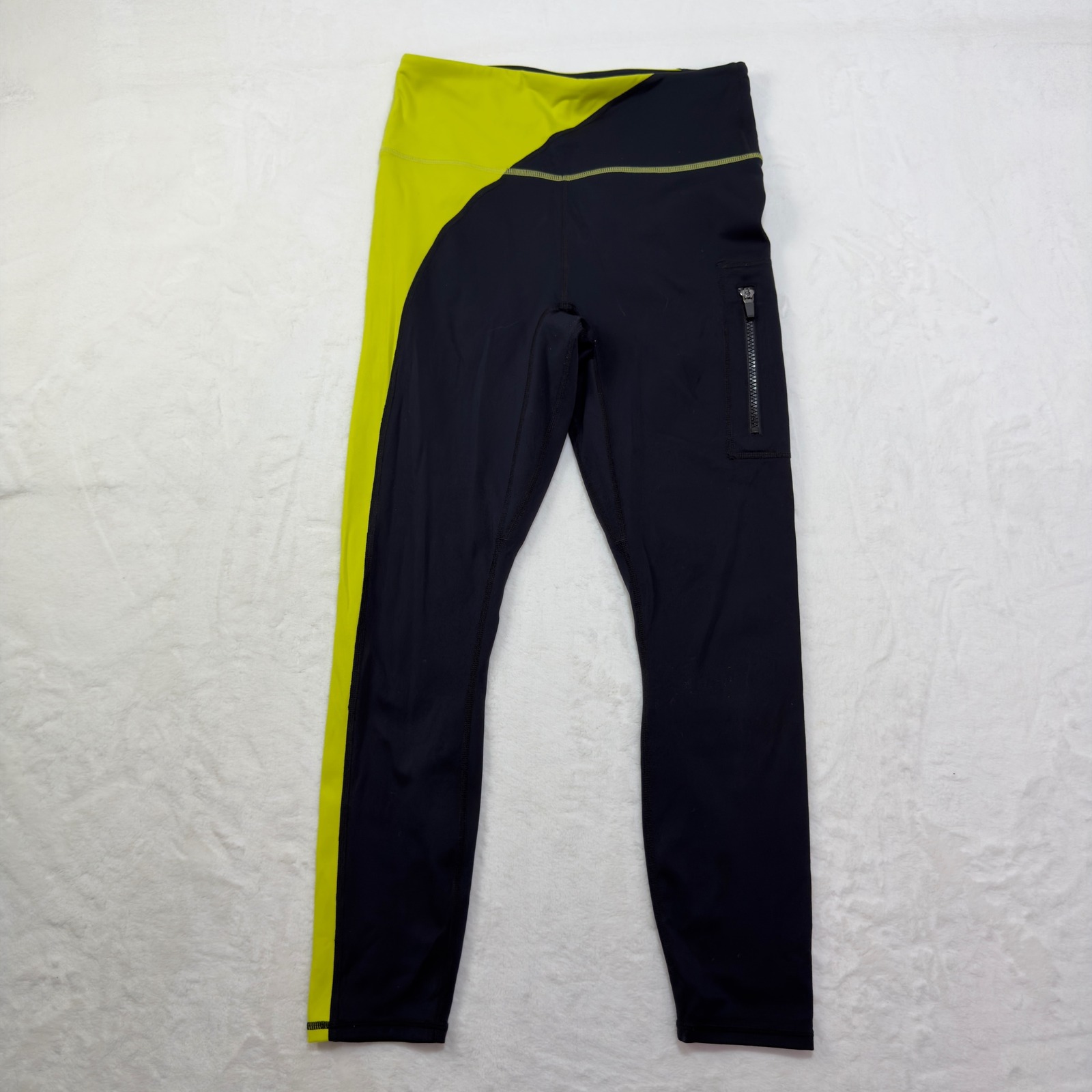 Fabletics High Waisted Black Lime Green Colorblock Pocket Leggings Womens